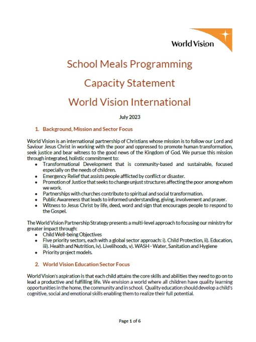 School Meals Programming Capacity Statement World Vision International